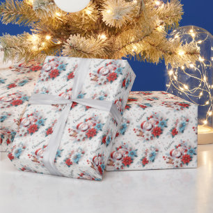 Papier Cadeau M. et Mme Claus, Rudolph, Poinsettias et Holly