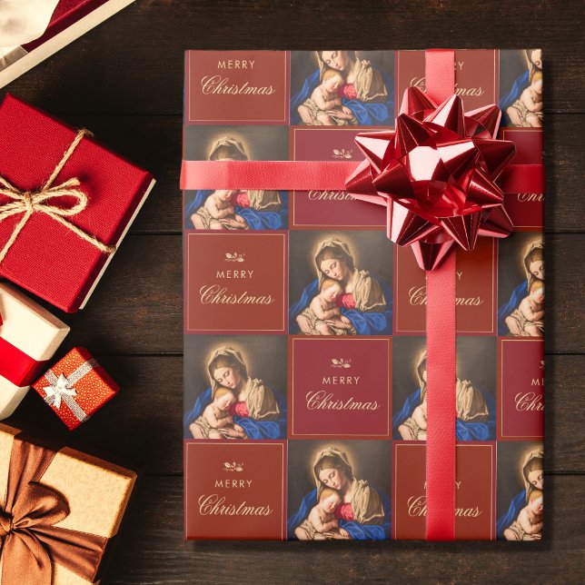Papier Cadeau Madone Religieuse Traditionnelle & Enfant Catholiq (Religious Christmas gift wrap with Madonna and Child in red and gold for Catholics)