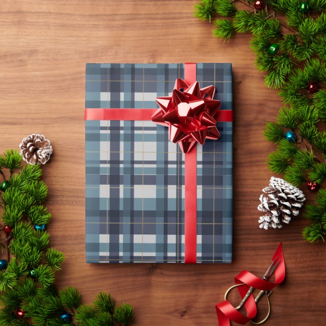 Papier Cadeau Madras blanc turquoise or traditionnel plaid (Cadeau de vacances)