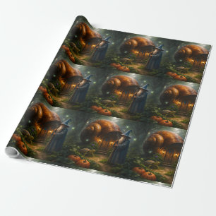 Papier Cadeau Mage mystique et forêt de citrouilles lumineuses p