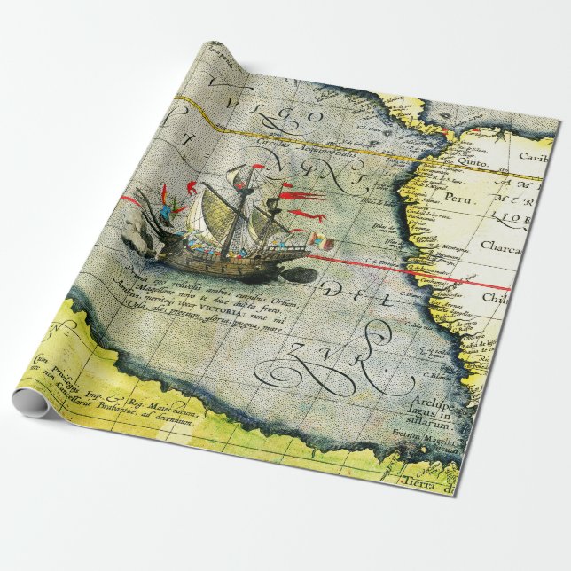 Papier Cadeau Magellans navire Victoria, Antique Carte Océan Pac (Déroulé)