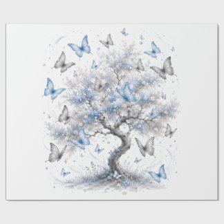 Papier Cadeau Magical Blue Butterfly & Silver Tree Wrapping Pape