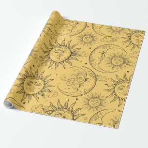 Papier Cadeau Magie Jaune Vintage Céleste Soleil Lune Étoiles
