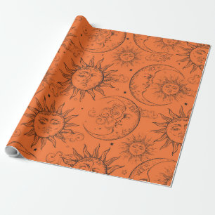 Papier Cadeau Magie Orange Vintage Céleste Soleil Lune Étoiles