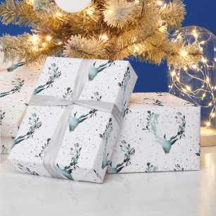 Papier Cadeau Magique Hiver Deerhead Argent Bleu Neige Noël