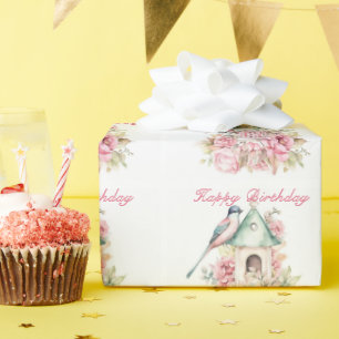 Papier Cadeau Magnifique Maison d'oiseau à l'aquarelle Fleurs Ro