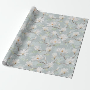 Papier Cadeau Magnolia blanc peint à la main sur bleu pastel