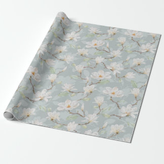 Papier Cadeau Magnolia blanc peint à la main sur bleu pastel