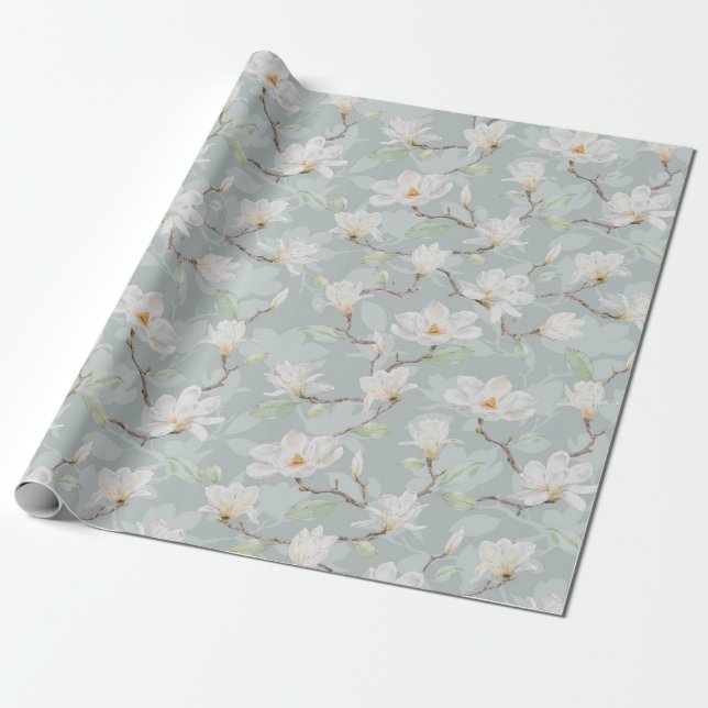Papier Cadeau Magnolia blanc peint à la main sur bleu pastel (Déroulé)