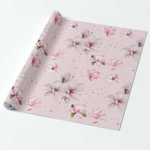 Papier Cadeau Magnolia Floral Aquarelle Rose Clair Cadeau