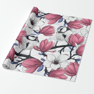 Papier Cadeau Magnolia rose et métis bleu