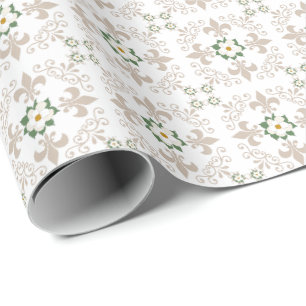 Papier Cadeau Magnolias   Fleur de Lis Motif - Greige   Blanc