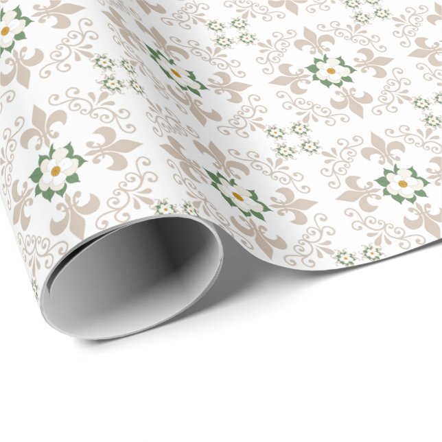 Papier Cadeau Magnolias | Fleur de Lis Motif - Greige | Blanc (Coin rond)