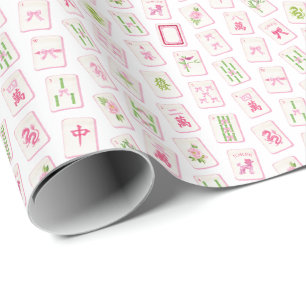 Papier Cadeau Mahjong Rose et Vert Aquarelle