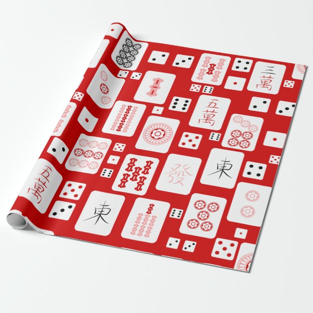 Papier Cadeau mahjong rose rouge carreaux chinois jeu asiatique (Déroulé)