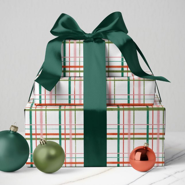 Papier Cadeau Main moderne dessinée rose, rouge, vert plaid (Créateur téléchargé)