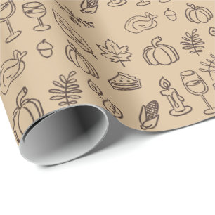 Papier Cadeau Main Whimsical Tirée Doodle Brown Thanksgiving
