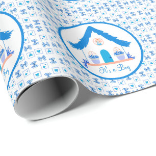 Papier Cadeau Maison bleue personnalisée C'est un Baby shower ga