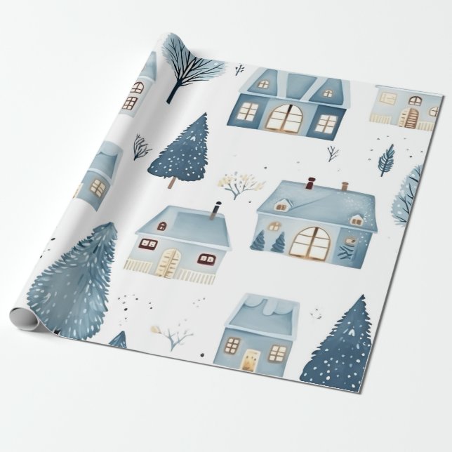 Papier Cadeau Maison de Noël bleue et arbres (Déroulé)