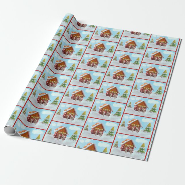 Papier Cadeau Maison de pain d'épices dans la neige (Déroulé)