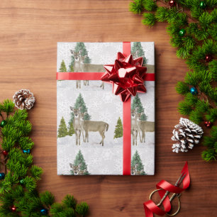 Papier Cadeau Maison de vacances scène hivernale avec cerfs Noël