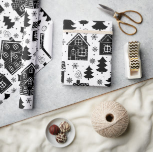 Papier Cadeau Maison De Village De Noël Dans L'Arbre Noir