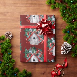 Papier Cadeau Maison d'oiseaux de Noël Watercolor