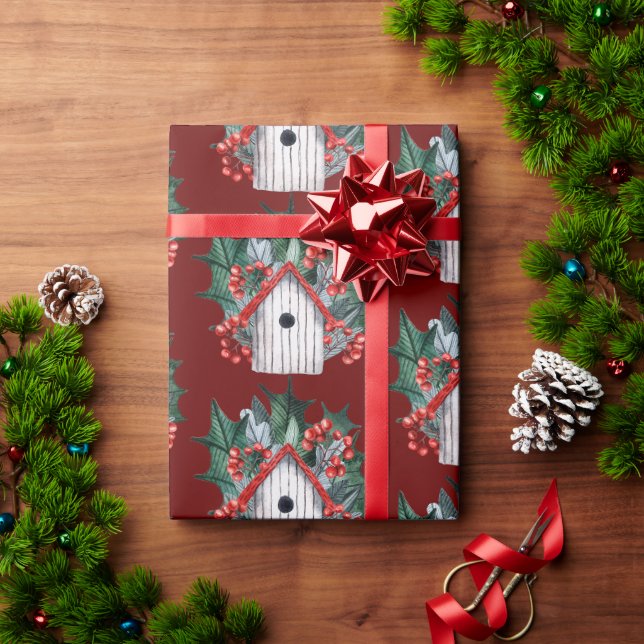 Papier Cadeau Maison d'oiseaux de Noël Watercolor (Cadeau de vacances)