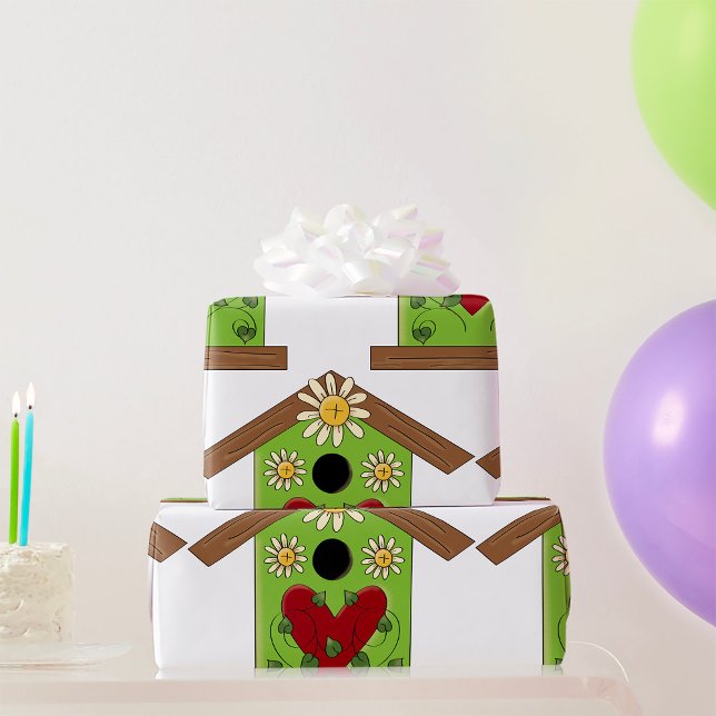 Papier Cadeau Maison d'oiseaux verte avec coeur et marguerites (Créateur téléchargé)