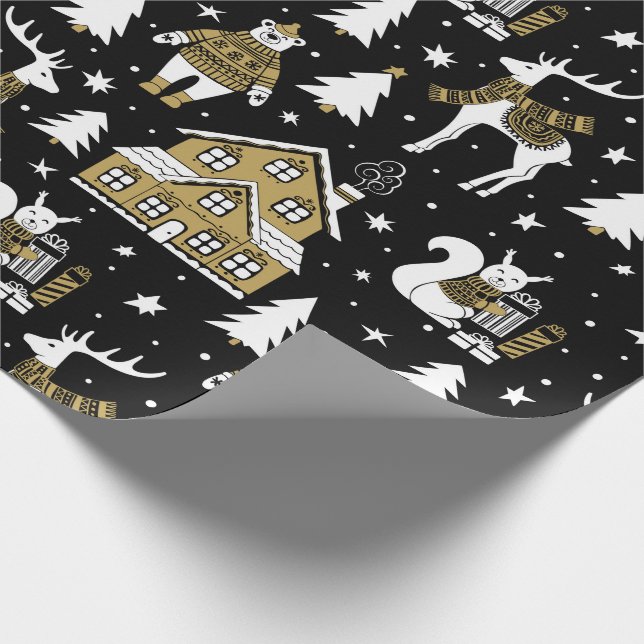 Papier Cadeau Maison d'ours des rennes d'or noir de Noël (Coin)