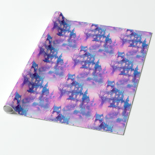 Papier Cadeau Maison Éffrayante Pastel Halloween Purples et Pink