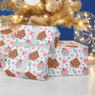 Papier Cadeau Maison en pain d'épice de Noël, Cupcakes, Bonbons 