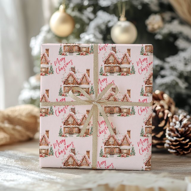 Papier Cadeau Maison en pain d'épices rose Joyeux Noël (Créateur téléchargé)