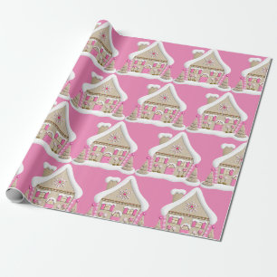 Papier Cadeau Maison en pain d'épices rose Noël