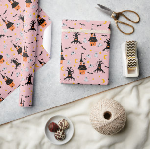 Papier Cadeau Maison Hantée Rose Effrayante Halloween