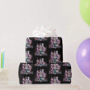 Papier Cadeau Maison hantée rose et grise motif Halloween