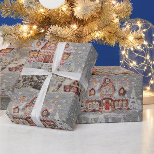 Papier Cadeau Maisons de Noël décorées en Gris d'Acier de Neige