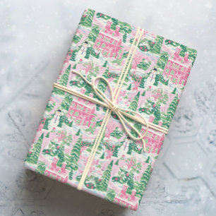 Papier Cadeau Maisons de Noël rose et vert neige