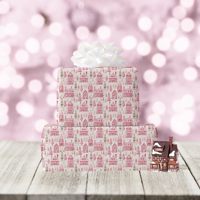 Papier Cadeau Maisons de Noël Whimsical Rose (Créateur téléchargé)
