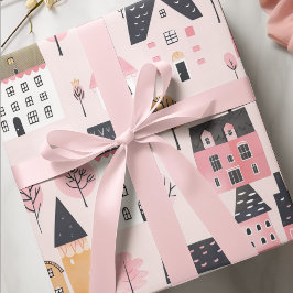 Papier Cadeau Maisons de ville adorables rose