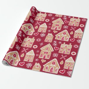 Papier Cadeau Maisons en pain d'épice de Noël en rouge