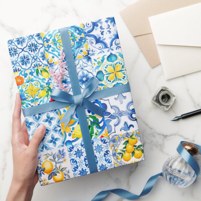 Papier Cadeau Majolica, citron, carreaux siciliens, (Cadeaux)