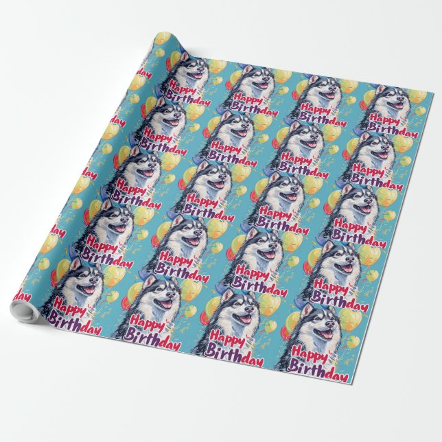 Papier Cadeau Malamute d'Alaska avec ballons Anniversaire (Déroulé)