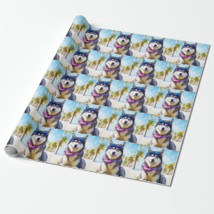 Papier Cadeau Malamute d'Alaska sur la plage, cadeau d'été
