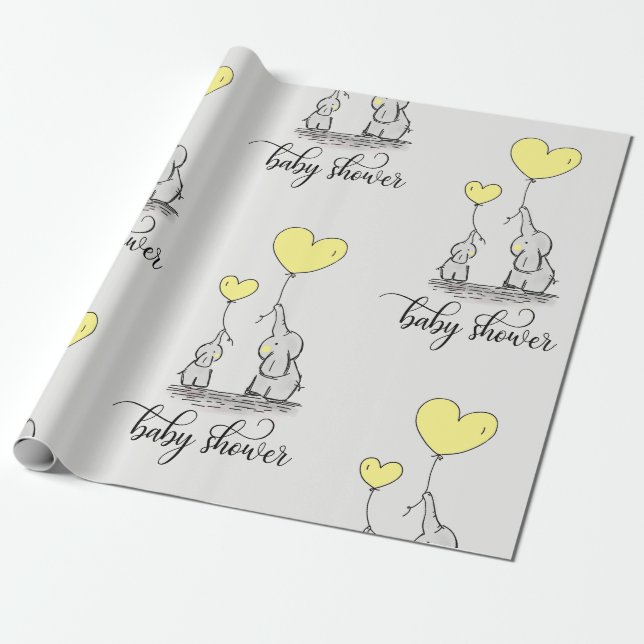 Papier Cadeau Maman éléphante & Baby shower gris jaune (Déroulé)