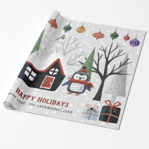 Papier Cadeau Manchot d'hiver, arbres et maison Vacances de Noël