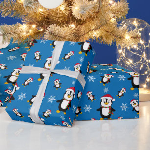 Papier Cadeau Manchot d'hiver de Noël sur fond bleu personnalisé