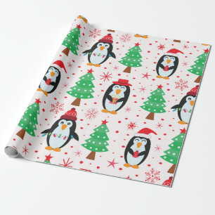 Papier Cadeau Manchots de Noël drôles avec des arbres de fêtes