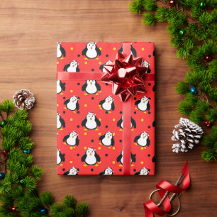 Papier Cadeau Manchots d'humeur de Noël sur fond rouge