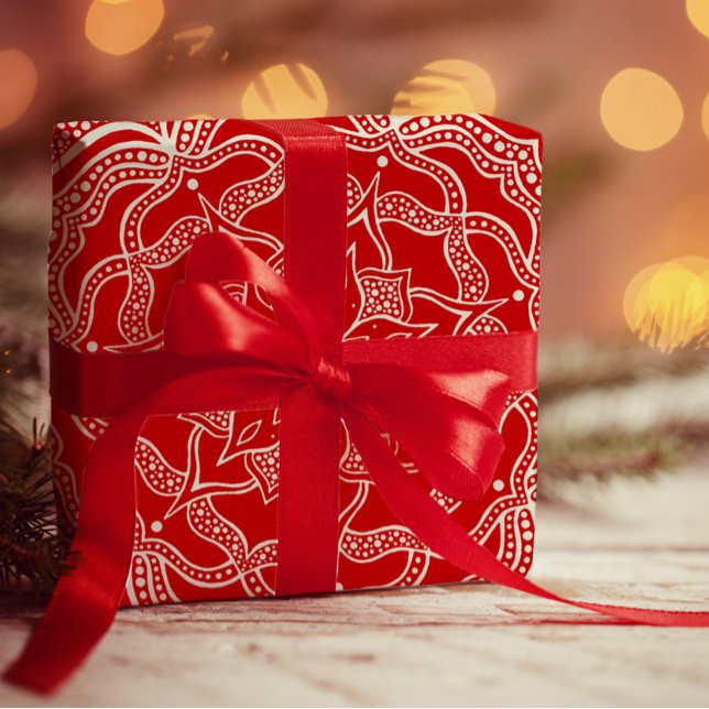 Papier Cadeau Mandala Art Boho Chic Elégant Blanc Rouge Noël (Créateur téléchargé)